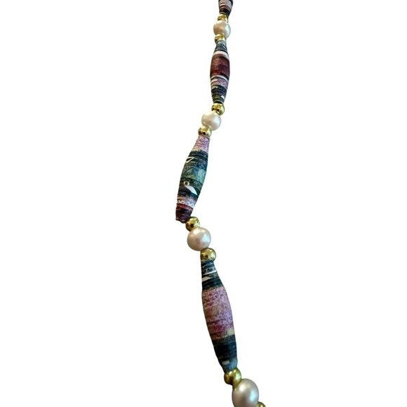 Handmade Rolled Paper Bead Necklace With Faux Pearls & Gold Accents 28" Long - Picture 2 of 2